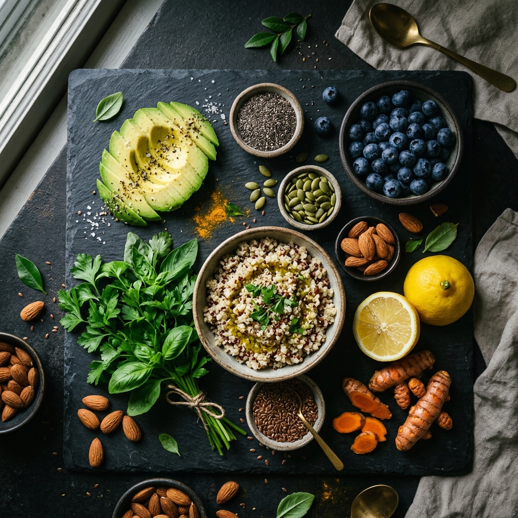 Ingredientes antiinflamatorios sin gluten: aguacate, frutos rojos, cúrcuma, semillas